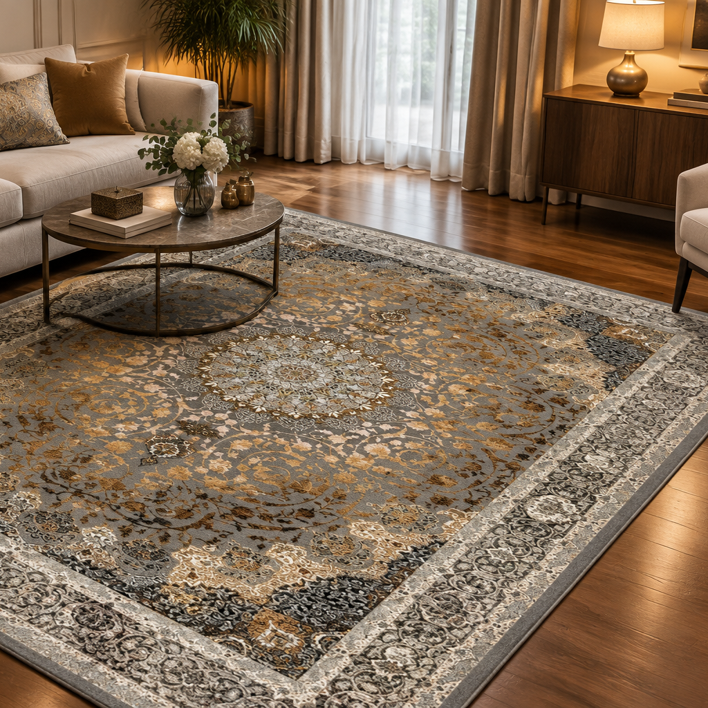 فرشینه نمدی چاپ دیجیتالی زمینه قهوه ای طوسی